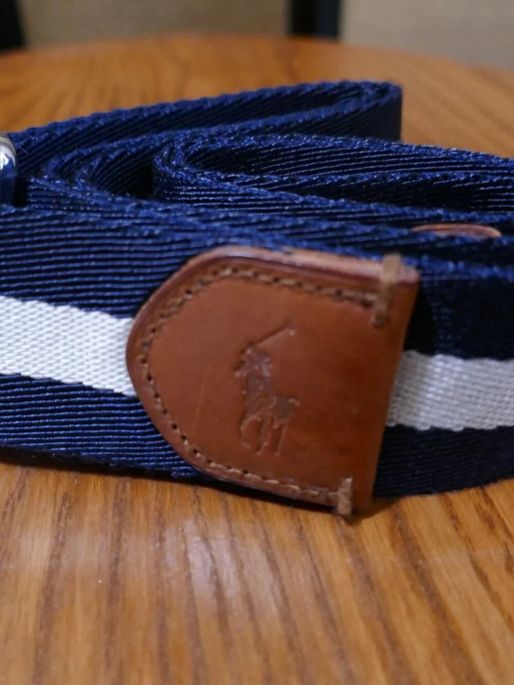Polo Ralph Lauren Navy and White Striped Fabric Webbed Belt Leather Trim 42